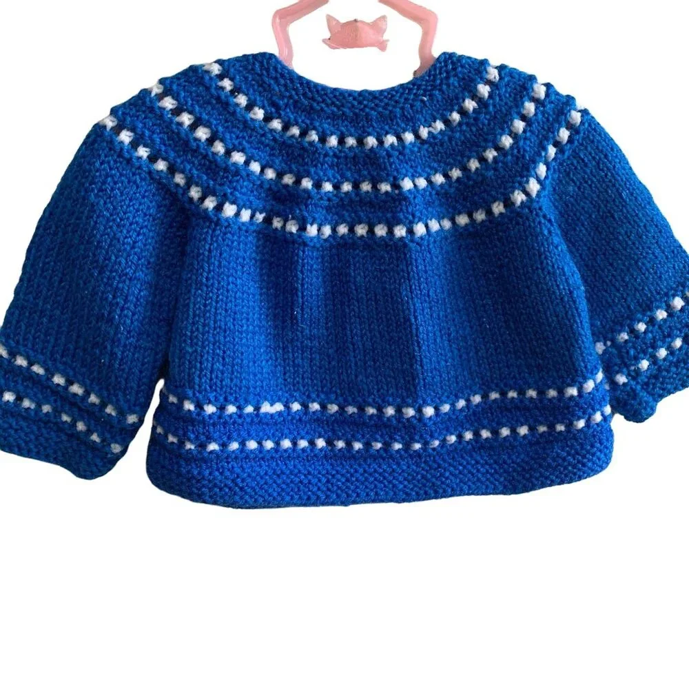 Vintage Handknit Cozy Chunky Knit Retro Blue Cardigan 0-3 Months